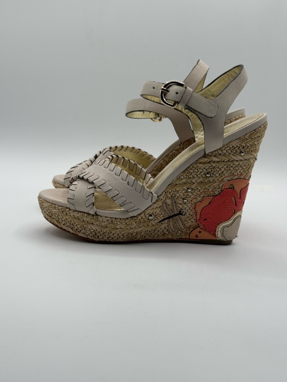 Coach Justeen Wedge Sandals Beige Leather Floral Platform Espadrille Heels - Picture 7 of 17